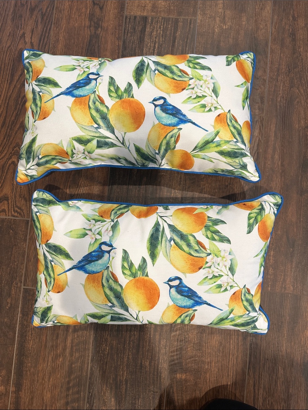 Blue Bird & Orange Print Lumbar Pillows